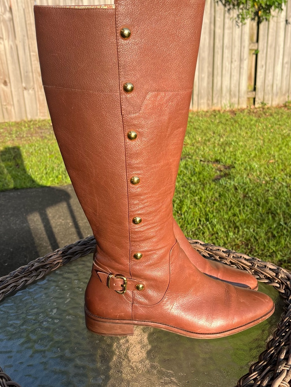 Michael Kors Tall Brown Leather Riding Boots Women Size 9 Gold Hardware - Picture 3 of 8